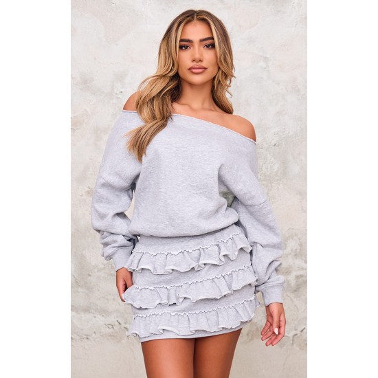 Grey Marl Sweat Bardot Frill Skirt Mini Dress