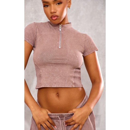 Taupe Washed Zip Up Rib Panel Top