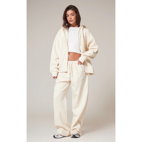 PRETTYLITTLETHING Cream Premium Embroidered Oversized Wide Leg Sweatpants