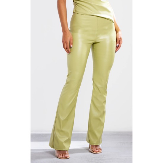 Olive Faux Leather High Waisted Flared Pants