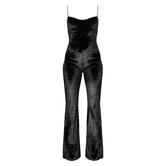 Black Diamante Strap Velvet Flared Jumpsuit