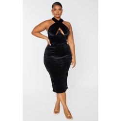 Plus Black Velvet Underwired Cross Front Midi Dress