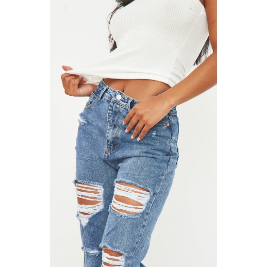 PRETTYLITTLETHING Mid Blue Ripped Mom Jeans