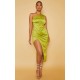 Olive Satin One Shoulder Pleat Detail Midi Dress