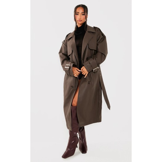 Petite Chocolate Faux Leather Buckle Trench Coat