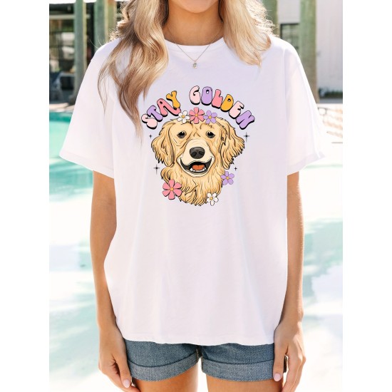 Golden Retriever Print Round Neck T-Shirt, Sports Trendy Short Sleeve T-Shirt, Women’s Clothing – PRYCUS MITCHELL INC