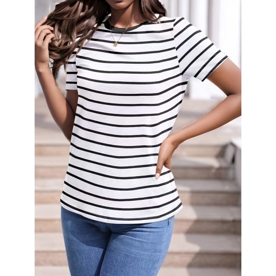 Striped Short Sleeves Causal Sports T-shirt, Round Neck Workout Running Tops, Women’s Activewear – PRYCUS MITCHELL INC