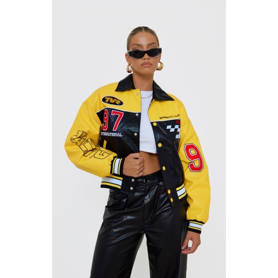 PRETTYLITTLETHING Yellow Faux Leather Motocross Racer Bomber Jacket