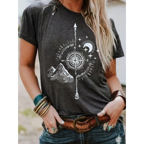 Compass Print T-shirt, Casual Crew Neck Short Sleeve Summer T-shirt, Women’s Clothing – PRYCUS MITCHELL INC