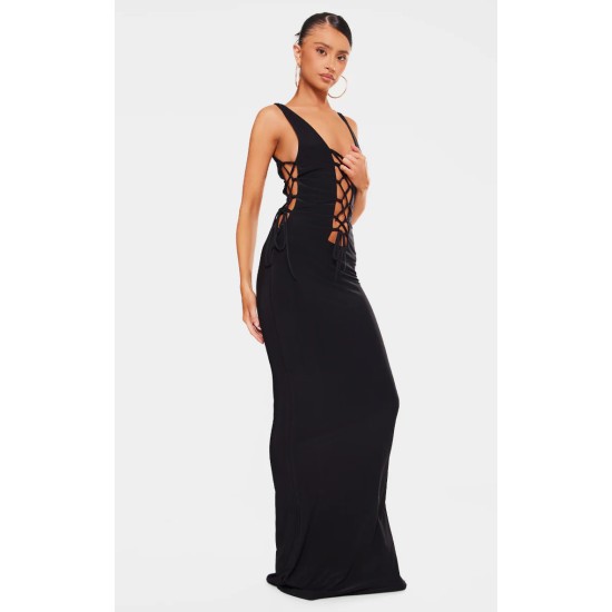 Petite Black Double Layer Lace Up Detail Maxi Dress