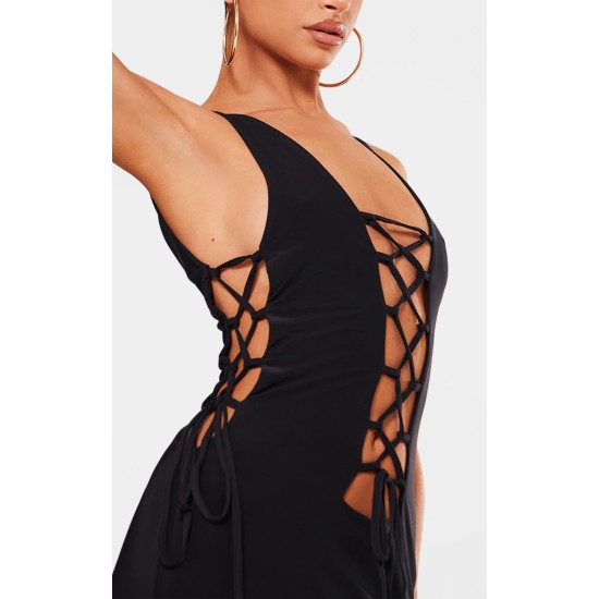 Petite Black Double Layer Lace Up Detail Maxi Dress