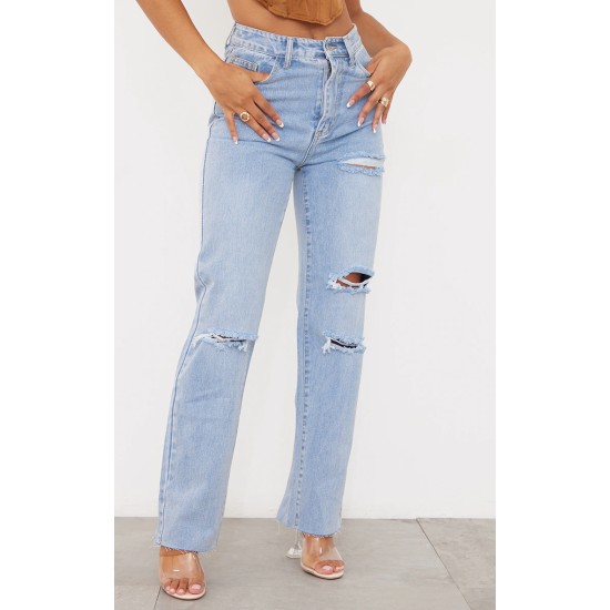 PRETTYLITTLETHING Light Blue Wash Ripped Long Leg Straight Jeans