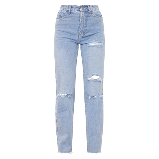 PRETTYLITTLETHING Light Blue Wash Ripped Long Leg Straight Jeans