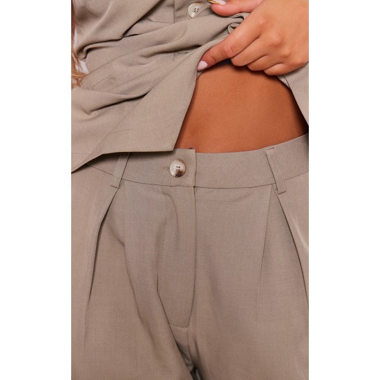 Taupe Woven Tailored Wide Leg Pleated Pants