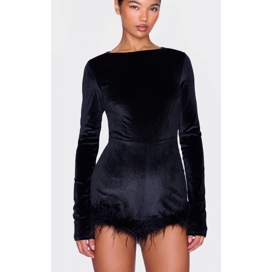 Black Velvet Long Sleeve Feather Trim Romper