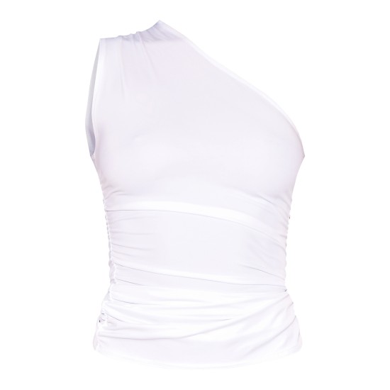 White Stretch Slinky Ruched Side Long Top