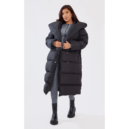 Black Chevron Quilted Maxi Puffer Coat