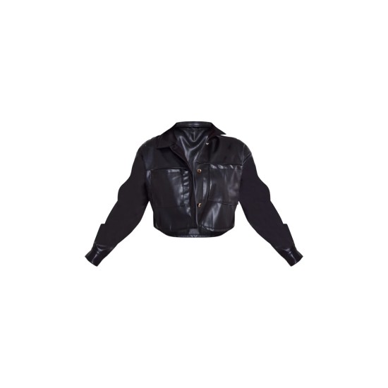 Black Faux Leather Pocket Detail Oversized Cropped Jacket