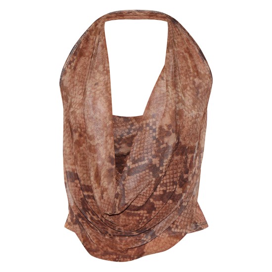 Brown Mesh Snake Printed Halter Neck Top