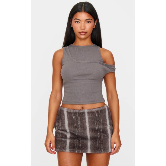 Dark Grey Ribbed Asymmetric Vest Top