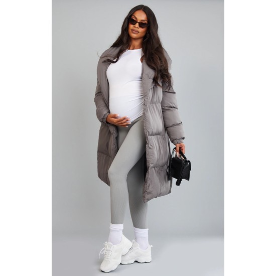 Maternity Grey Oversized Collar Belted Longline Puffer