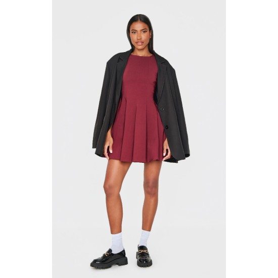 Wine Stretch Woven Racer Pleated Shift Dress