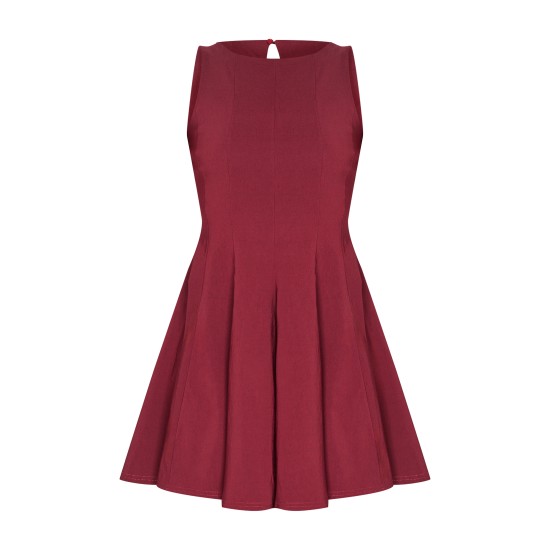 Wine Stretch Woven Racer Pleated Shift Dress