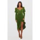 Green Glitter Plisse Puff Sleeve V Bar Draped Midi Dress