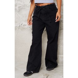 Petite Black Denim Frayed Tie Waist Wide Leg Jeans