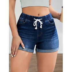 Drawstring Elastic Waist Roll Up Hem Denim Shorts, Whiskering High Stretch Hot Denim Shorts, Women’s Denim Jeans & Clothing – PRYCUS MITCHELL INC