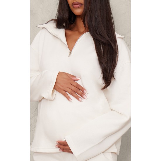 Maternity Cream Quarter Zip Long Sleeve Sweatshirt