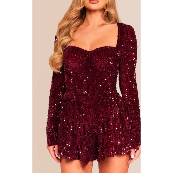 Burgundy Sequin Cup Detail Long Sleeve Skater Romper