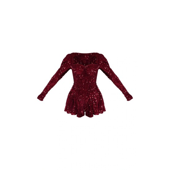 Burgundy Sequin Cup Detail Long Sleeve Skater Romper