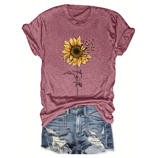 Sunflower & Butterfly Print T-shirt, Casual Short Sleeve Top For Spring & Summer, Women’s Clothing – PRYCUS MITCHELL INC