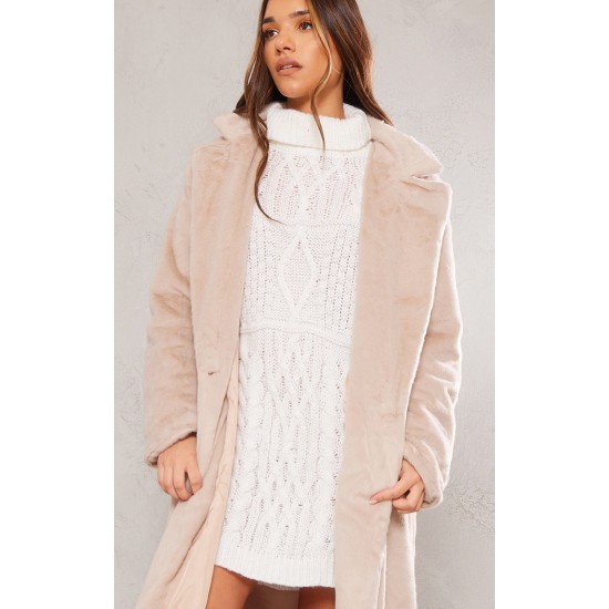 Beige Premium Soft Faux Fur Tailored Maxi Coat