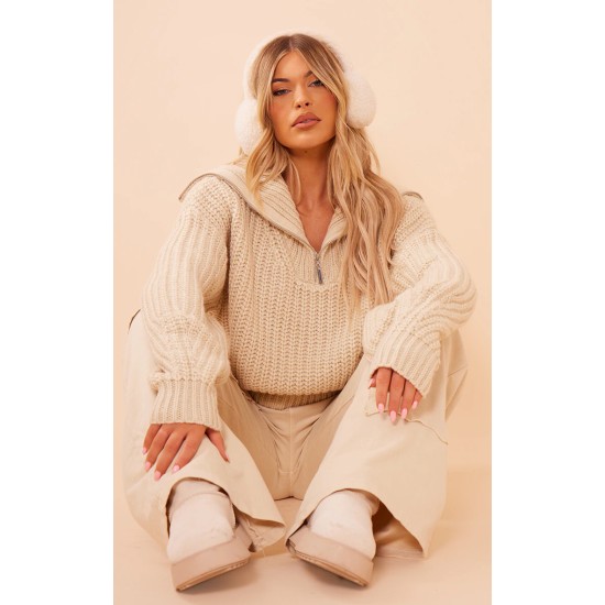 Stone Chunky Knitted Zip Up Oversized Sweater