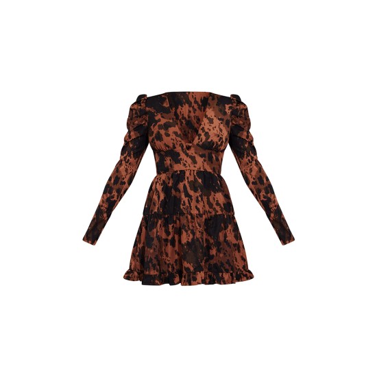 Chocolate Abstract Puff Sleeve Frill Hem Tea Dress