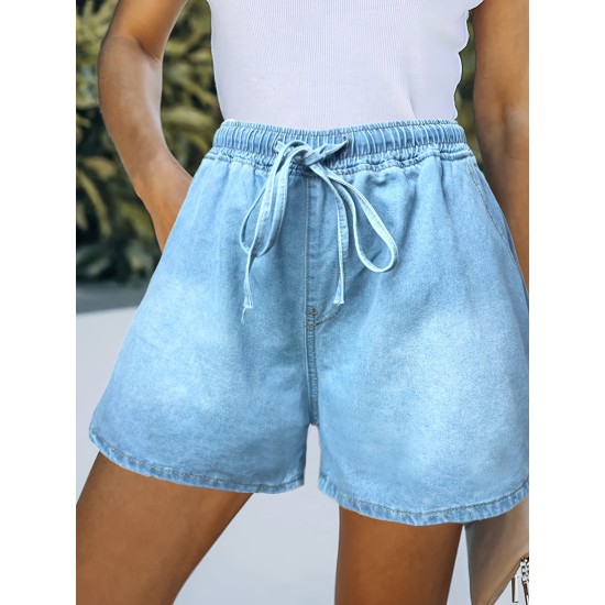 Plus Size Casual Denim Shorts, Women’s Plus Solid Elastic Drawstring High Rise Loose Fit Denim Shorts – PRYCUS MITCHELL INC