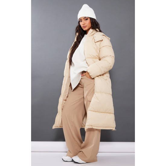 Petite Camel Long Puffer Coat