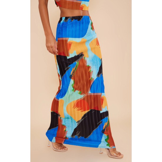 Blue Abstract Print Plisse Maxi Skirt