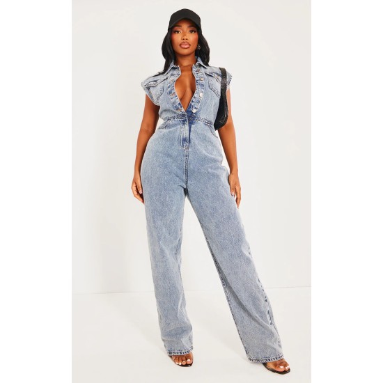 Shape Acid Blue Wash Sleeveless Rigid Denim Jumpsuit