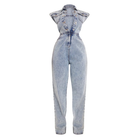 Shape Acid Blue Wash Sleeveless Rigid Denim Jumpsuit