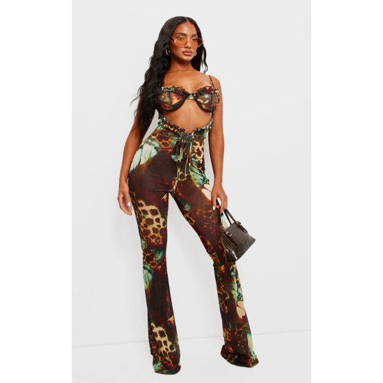 Brown Printed Mesh Cup Detail Cut Out Jumpsuit