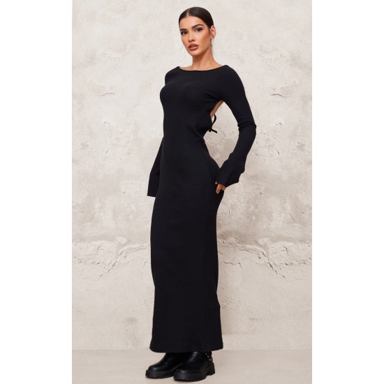 Black Heavy Brushed Rib Tie Back Maxi Dress