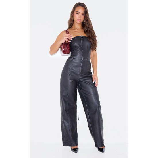 Black Faux Leather Bandeau Lace Back Straight Leg Jumpsuit