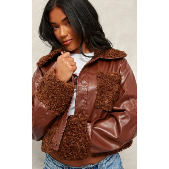 Chocolate Borg Pocket Front Faux Leather Cropped Coat