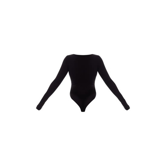 Basic Black Cotton Blend Plunge Long Sleeve Bodysuit