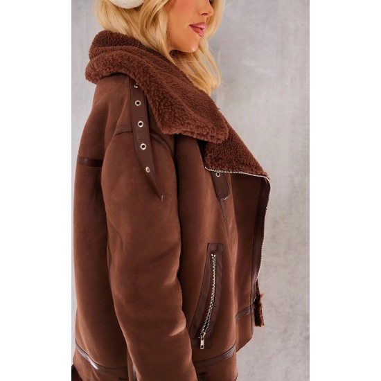 Chocolate Faux Suede PU Bonded Aviator Jacket