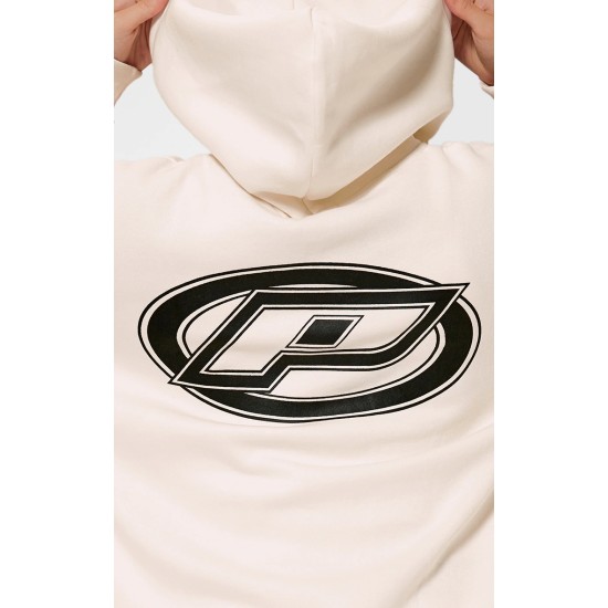 PRETTYLITTLETHING Cream Contrast Logo Badge Oversized Zip Through Hoodie