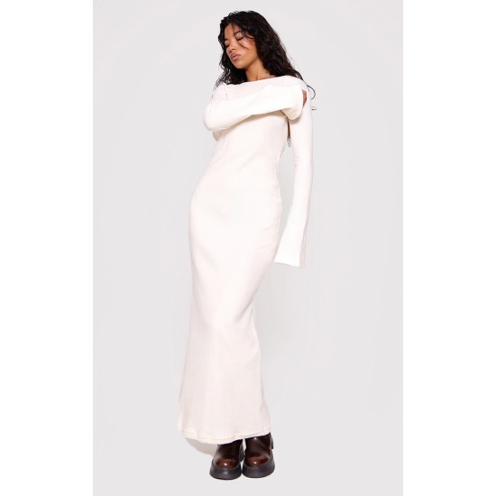 Cream Heavy Brushed Rib Tie Back Maxi Dress